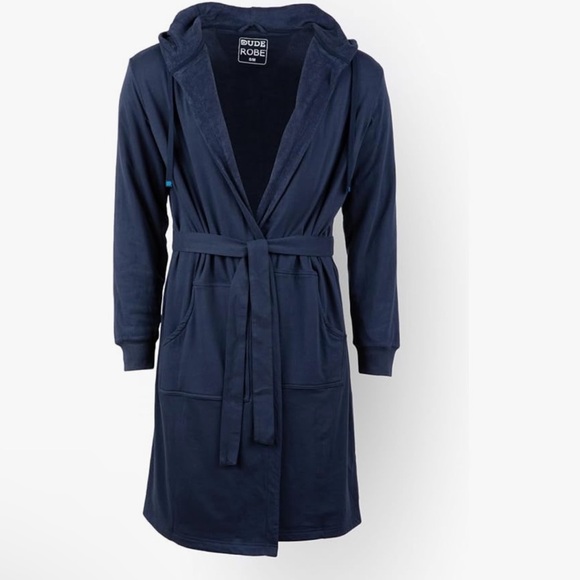 Dude Robe Mens Navy Blue Terry Cloth Towel Lined Hooded Bath Robe Sz L/XL NWT - Picture 1 of 5